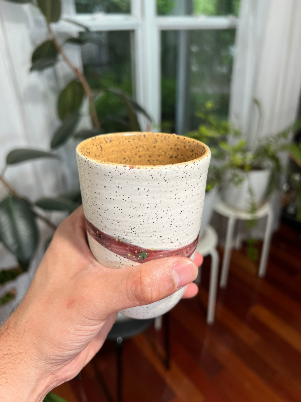 Set of White Cups with Purple Band